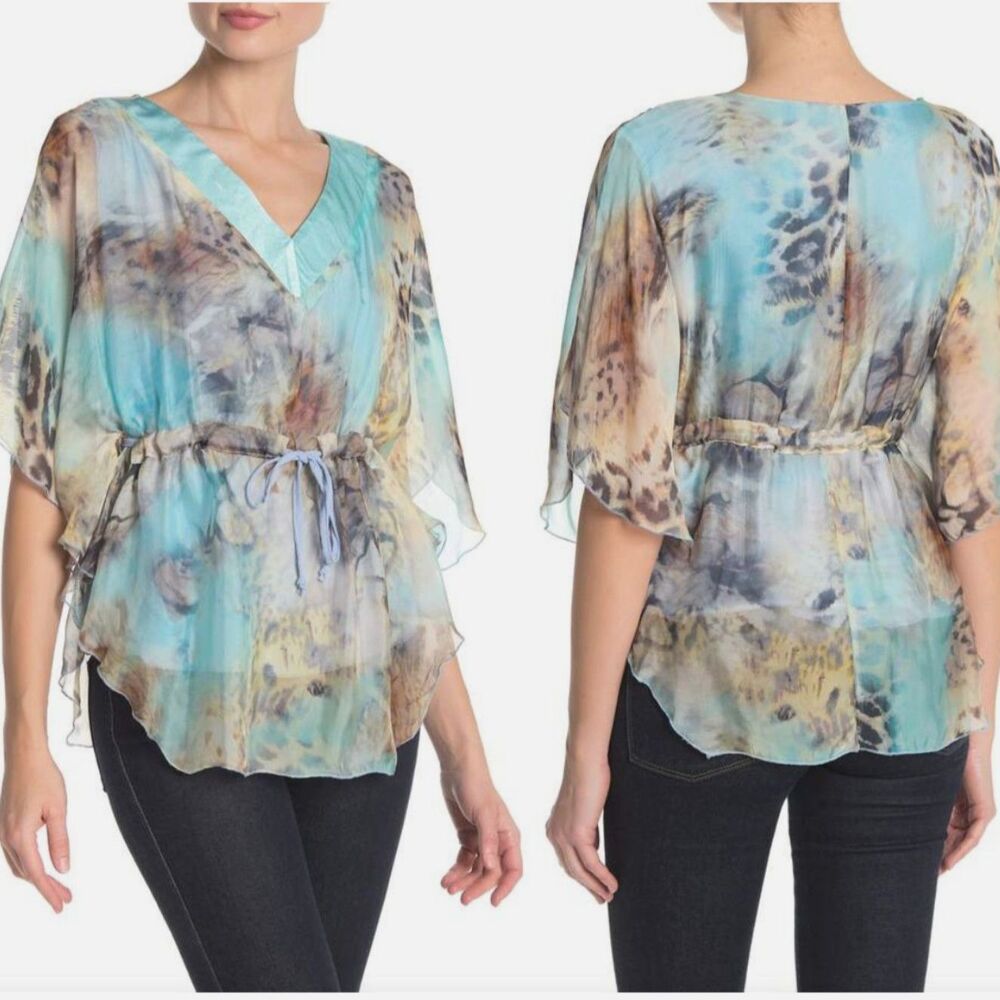 NWT LOLA V-Neck Aqua Drawstring Silk Animal Print Flowy Tunic Blouse S